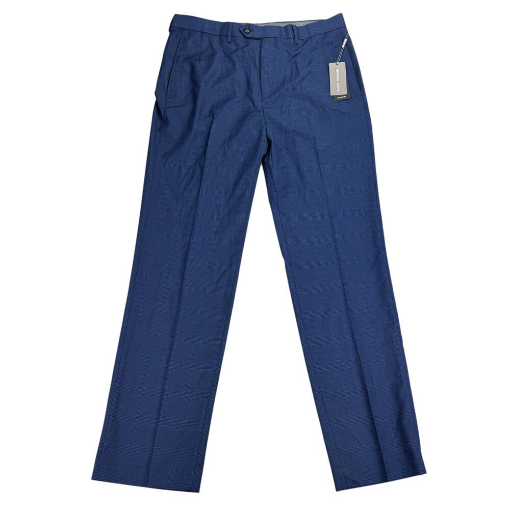 Michael Kors Mens Marvin Classic Fit Plaid Stretch Dress Pants Navy Blue 34x32